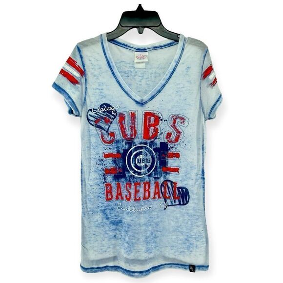 5th & Ocean Women’s Chicago Cubs Baseball Burnout V-Neck Short Sleeve Tee Small - Picture 1 of 12